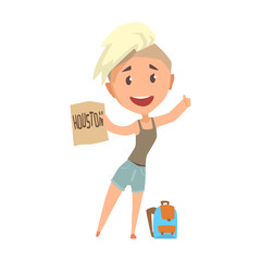 Young happy woman standing with a sign hitchhiking, travelling by autostop cartoon vector Illustration