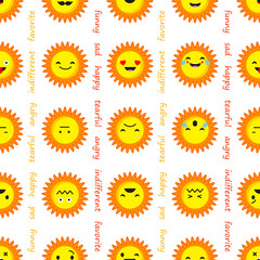 Seamless background with Sun emotions. Vector illustration. Textile rapport.
