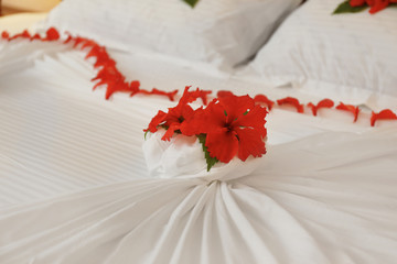 Fototapeta na wymiar Bed decorated with flowers in hotel room, closeup