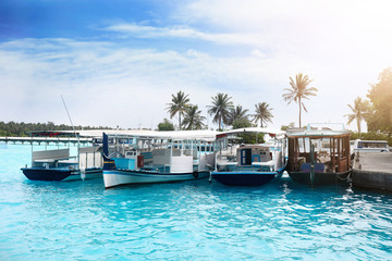 Modern boats berthed at tropical resort