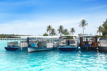 Fototapeta na wymiar Modern boats berthed at tropical resort