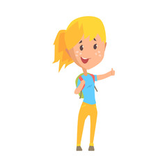 Hitchhiking blonde girl with backpack trying to stop a car, travelling by autostop cartoon vector Illustration
