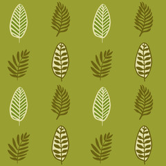 Hand drawn autumnal leaves seamless pattern in green colors V.5
