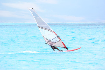 Naklejka premium Man windsurfing at sea resort
