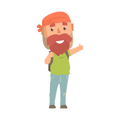 Hitchhiking hipster man with backpack trying to stop a car on a highway, travelling by autostop cartoon vector Illustration