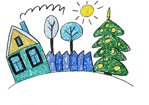 Christmas House Christmas Tree Landscape With Family House, Fence, Sun, Decorated Christmas Tree Kids Drawing Illustration Chalk Image Crayon Picture Naive Art