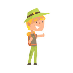 Smiling young man wearing comfy travel outfit with backpack standing with a sign hitchhiking, travelling by autostop cartoon vector Illustration
