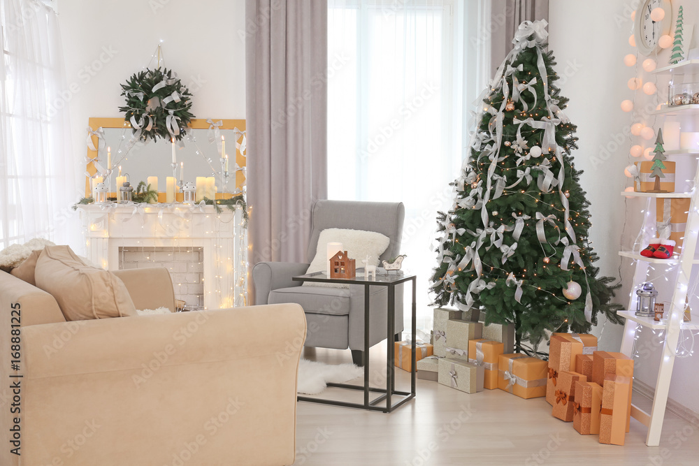 Wall mural Decorated Christmas room with beautiful fir tree