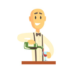 Elegant bartender man character standing at the bar counter pouring wine, barman at work cartoon vector Illustration