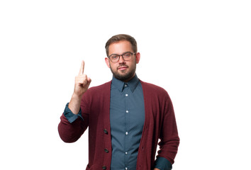 Business man showing finger up on white background