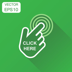Click here icon. Business concept hand cursor pictogram. Vector illustration on green background with long shadow.