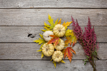 Autumn still life with pumpkins and dry leaves on wooden background