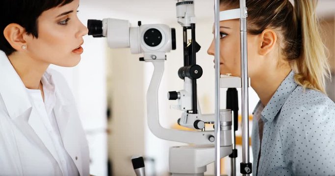 Ophthalmology concept. Patient eye vision examination in ophthalmological clinic