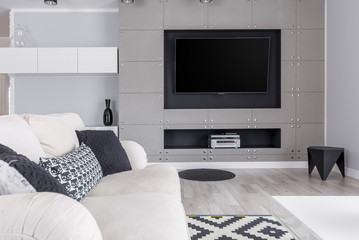 Grey living room with TV