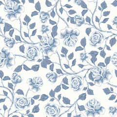 Floral seamless pattern with blue  roses.  Vector hand drawn background  for textile, print, wallpapers, wrapping.