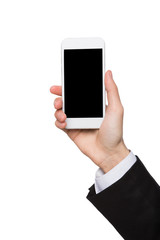 Male hand holding blank mobile phone isolated on white