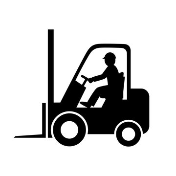 Black forklift truck vector icon on white background