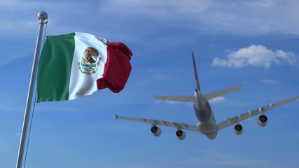 Commercial airplane landing behind waving Mexican flag. Travel to Mexico conceptual 3D rendering