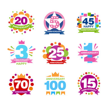 Colorful anniversary birthdays festive signs set, ubilee elements collection vector Illustrations