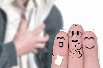 finger art of smiling doctor & nurse with urgently heart attack man, healthcare concept