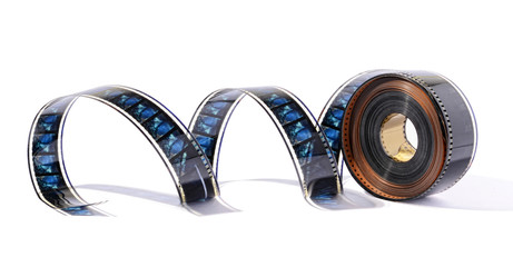 Film reel stretched against white background
