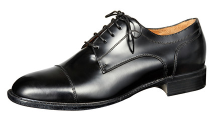 Single black shoe on white background