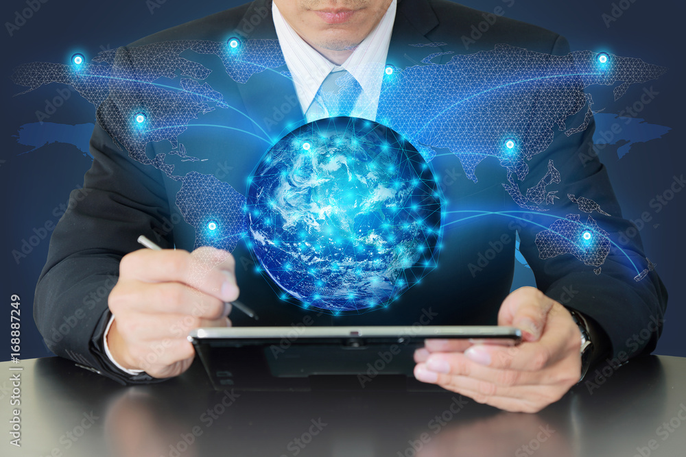 Poster double exposure of businessman working with tablet and glowing digital world map networking as busin