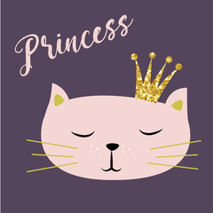 Cute Kitten with Crown and Inscription Little Princess Vector