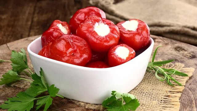 Fresh made Red Peppers with Cheese (not loopable; 4K)