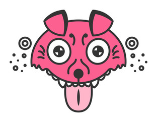 Mad dog. Cartoon pink puppy. Funny illustration isolated on white. Dog is mad about playing with ball
