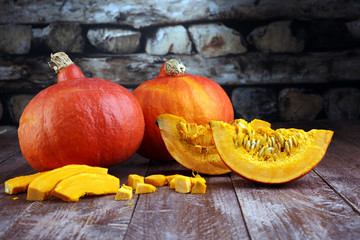 Pumpkin and pumpkin slices Autumn Healthy Food Nutrition Seasonal Vegetable Concept