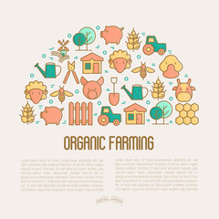 Organic farming concept in half circle with thin line icons of animals, tools and symbols for eco products, farming flyers and banners. Agriculture vector illustration for web page, print media.