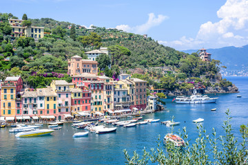 Beautiful aerial daylight view from top to ships on water and buildings in Portofino city of Italy. Tourists walking on sidewalk. Top view