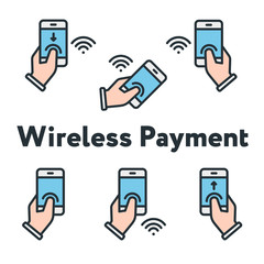Phone In Hand Finger Tap Wireless Payment Minimal Color Flat Line Outline Stroke Icon Set