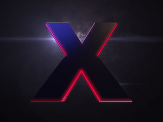 Obraz premium Letter X black extruded symbol with red light outline glowing in the dark and nice lens flare and smoke in background