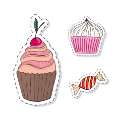 Patches elements with sweets food. Vector doodle funny badges. Modern clip art. Cartoon stickers design.