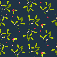 Mistletoe leaves seamless vector pattern. Christmas decor green plant on blue background.