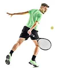 Foto auf Acrylglas one caucasian  man playing tennis player isolated on white background © snaptitude