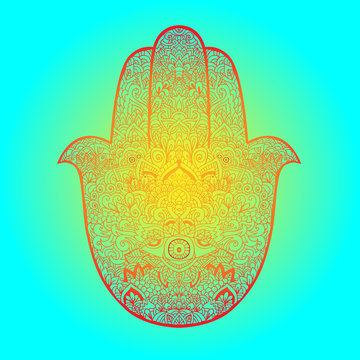 Hamsa hand drawn symbol. Fatima hand pattern. Vector illustration. Indian esoterics ornament for adult coloring books. Asian pattern. Gradient authentic background.