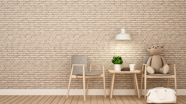 teddy bear on chair in kid room or coffee shop , brick wall decorate - 3D Rendering
