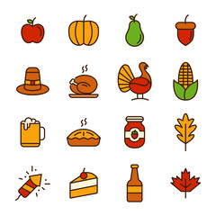 Thanksgiving Day Icon Holiday Line Pack Set