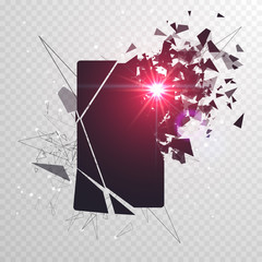 Cracked phone screen shatters into pieces. Broken smartphone split by the explosion on transparent background. Modern gadget needs to be repaired. Display of the phone shattered.