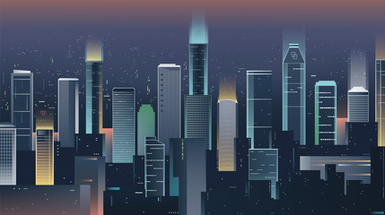 Naklejka premium Night city skyline with neon lights. Modern city. Vector
