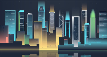 Night city skyline with neon lights. Modern city. Vector
