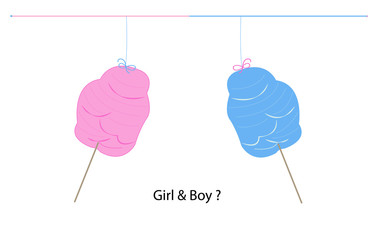 Cotton candy gender reveal. Baby boy baby girl symbols with cotton candy