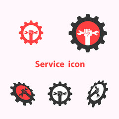 Human hand icon and wrench with gear vector logo design template. Repair and Service tool icon.Maintenance and Technical support concept.