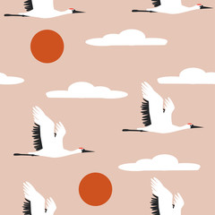 Crane bird flying in the sky evening. Vector hand drawn illustration
