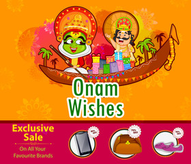 Kathakali dancer and King Mahabali offering shopping sale for Onam festival of Kerala
