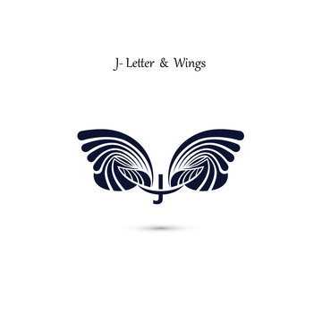 J-letter sign and angel wings.Monogram wing vector logo template.Classic emblem.