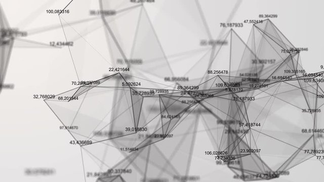 Geometric abstract composition with dots, lines, triangles, depth of field and random numbers. Beautiful black white plexus. Loop Animation.